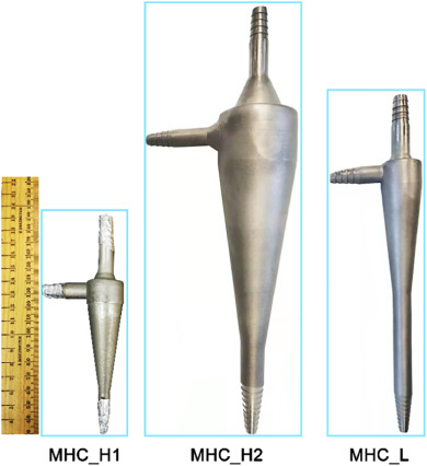 The prototypes of 3D printed stainless steel mini-hydrocyclones (MHCs).