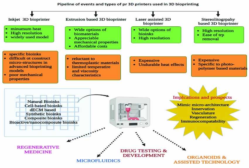 Illustration of the types of bioinks, pros and cons of 3D bioprinters and applications of 3D-BP.(Pushparaj K, et al.;2023)