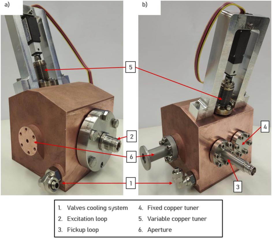 Front view (a) and rear view (b) of the fully equipped drift tube linac prototype, which was 3D printed with pure copper.